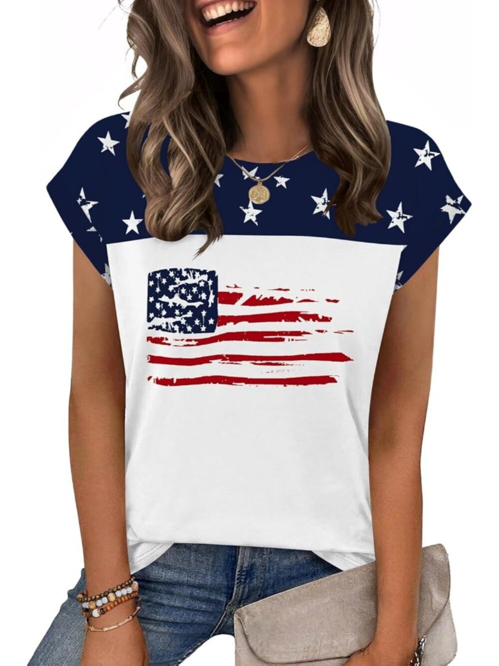 Women's Flag Casual Crew Neck Unique Cap Sleeves Trendy Spring Fashion T Shirts